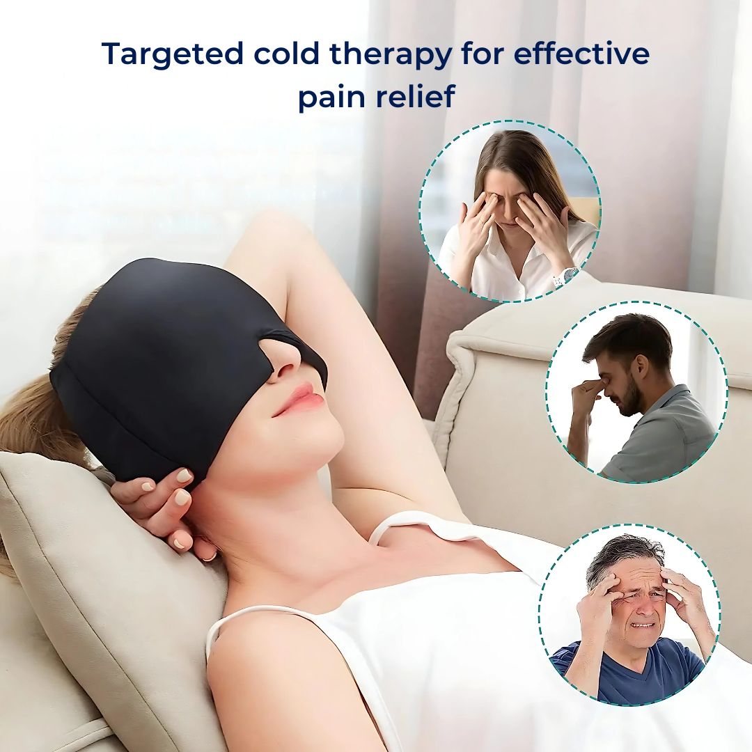 Cold Cap for Migraines – Gel Hood Headache Relief Mask with Light-Blocking Pressure Therapy