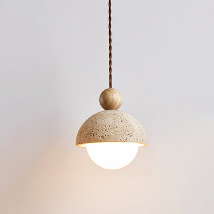 Palermo Pendant Light Fixture | Travertine Dome. Glass Globe & Wooden Accent for Kitchen Island & Dining Room