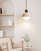 Palermo Pendant Light Fixture | Travertine Dome. Glass Globe & Wooden Accent for Kitchen Island & Dining Room