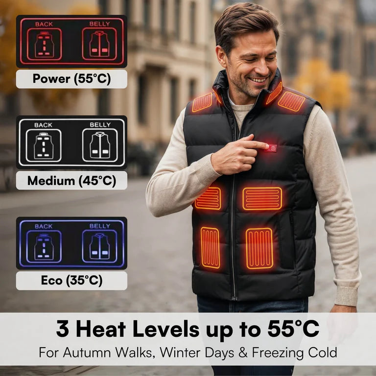 Mens Heated Gilet | Ultra-Thin Heated Vest, 9 Heating Zones & 8 Hours of Luxurious Warmth for Outdoor Activities