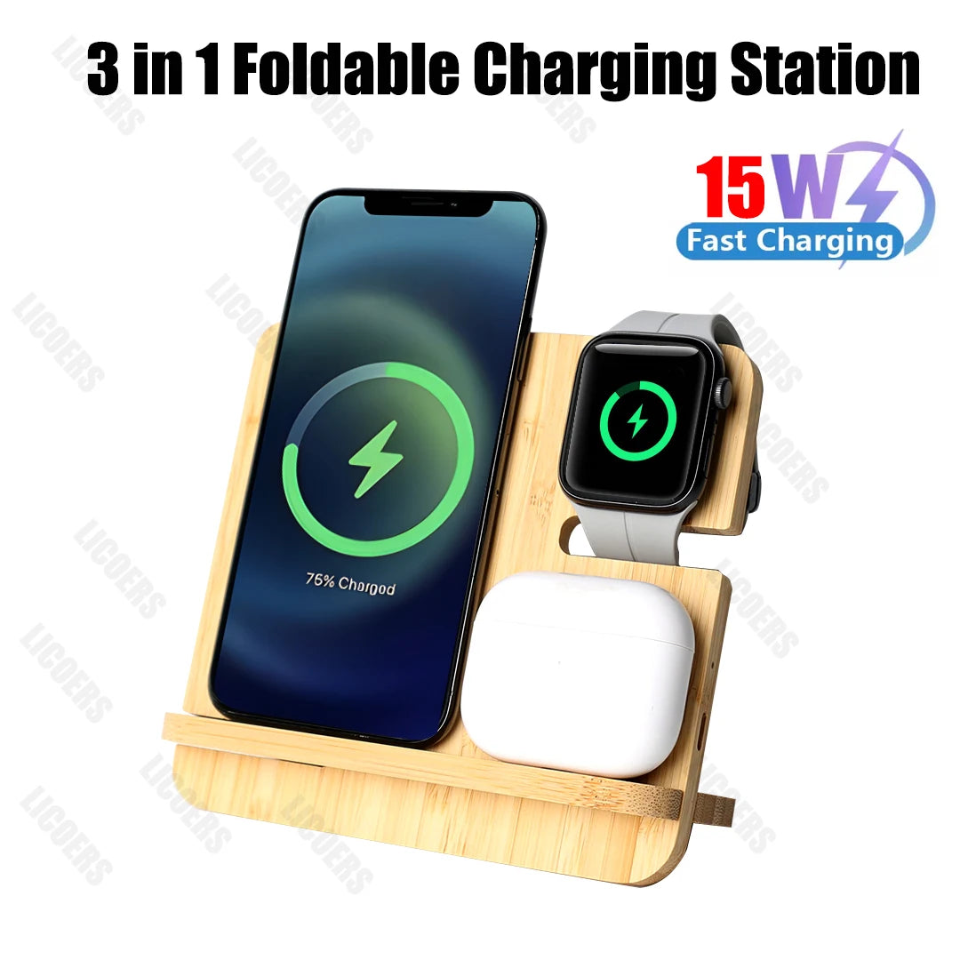 Bamboo Wireless Charging Station 3 in 1 stand - iPhone, iWatch, AirPods