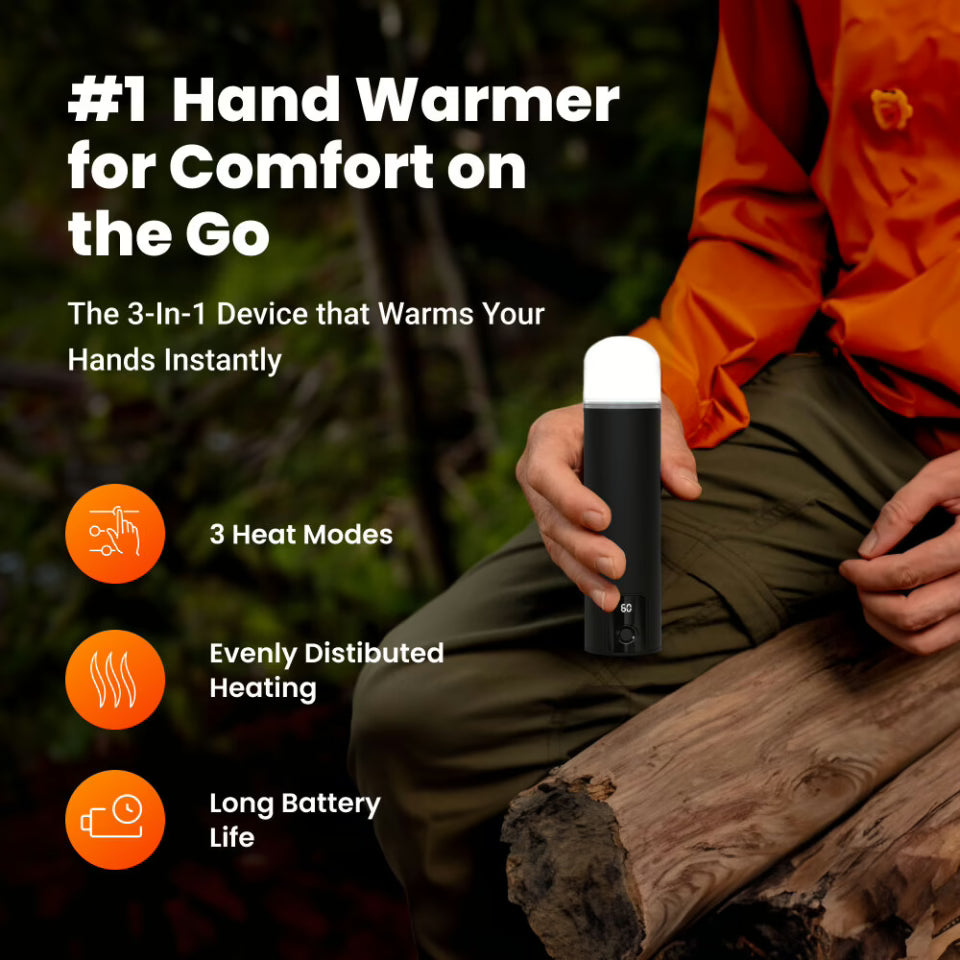 Hand Warmer Power Bank - 3 Heat Modes, Built In Light & Fast Charging
