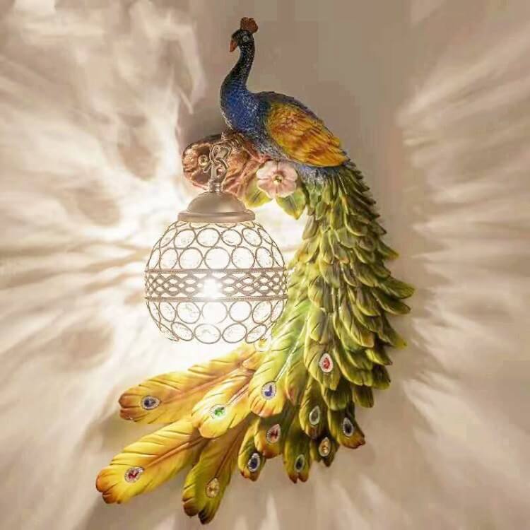 LED Wall Sconce Light | Vintage Ornate Resin Peacock Design with Crystal Ball Shade for Living Room & Hallway Lighting