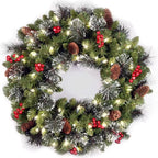 Christmas Wreaths For Front Door - Outdoor Xmas Decoration with Pinecones, Red Berries, 50 Clear LED Lights, 113 Tips, Timer