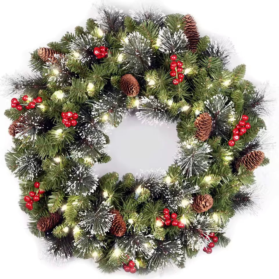 Christmas Wreaths For Front Door - Outdoor Xmas Decoration with Pinecones, Red Berries, 50 Clear LED Lights, 113 Tips, Timer