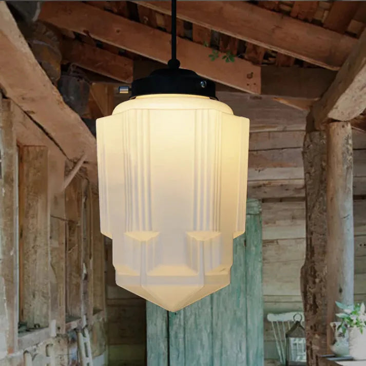 Geometric Milk Glass Pendant Light Fixture - Vintage White Design for Kitchen & Dining Room Lighting