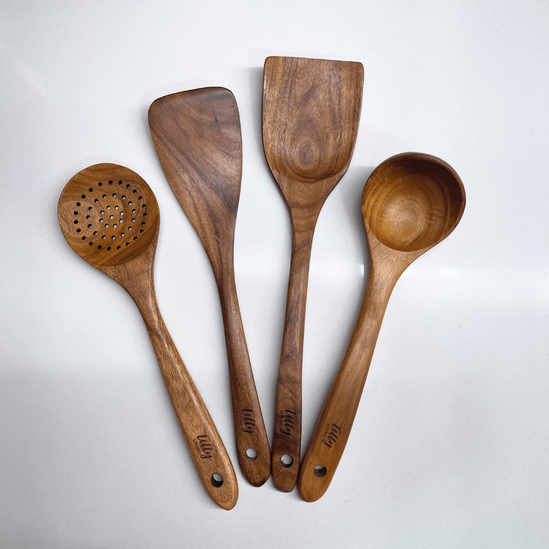 Teak Wooden Utensil Set - Sustainable Cooking Ideal like Retro Cooking Utensils