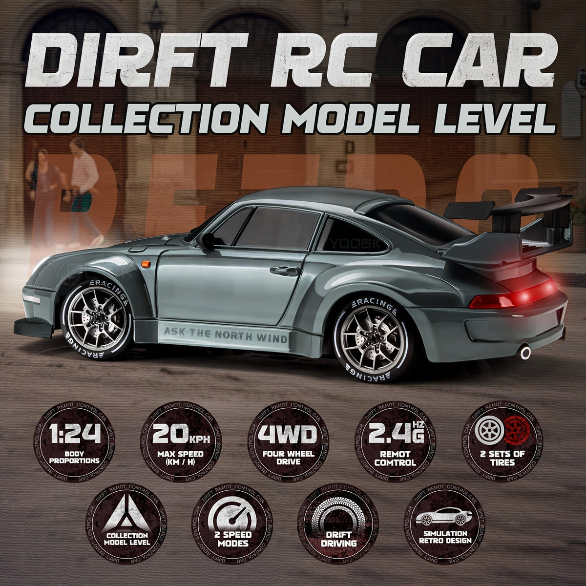 1:24 RC Drift Car | 4WD, LED Wheels & USB Rechargeable for Indoor and Outdoor Racing Fun