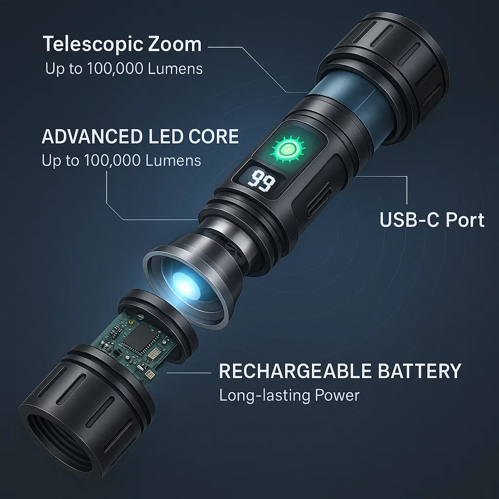 100000 Lumen Tactical Flashlight | World's Brightest High-Powered Torch
