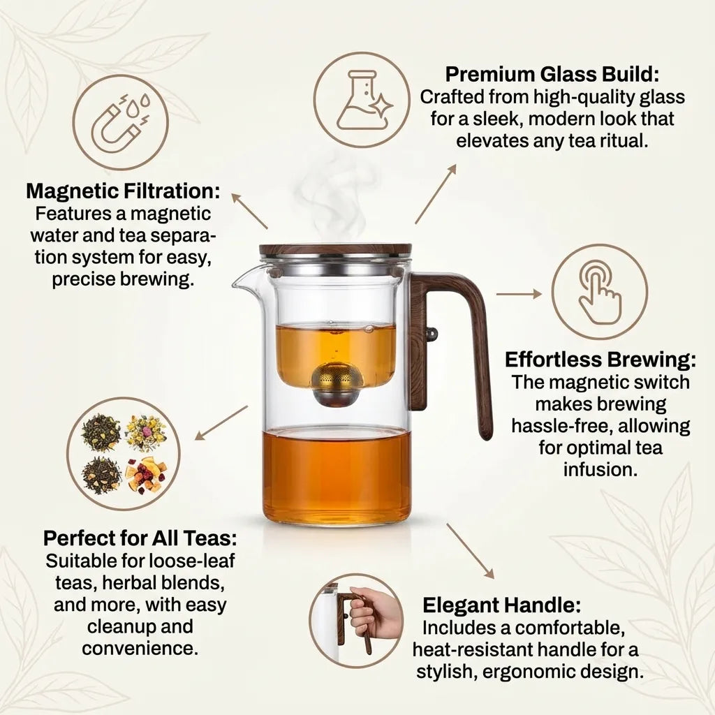 Magnetic Filtration Glass Teapot With Infuser | Premium Tea Strainer, Effortless Brewing & Ideal for Loose-Leaf and Herbal Teas