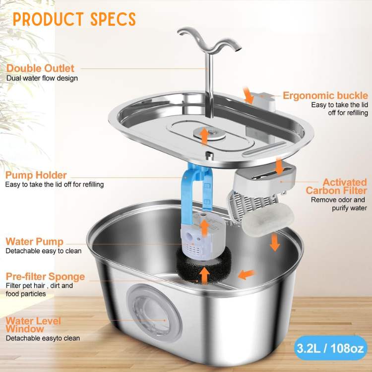 Pet Water Fountain | Silent Operation, Durable Stainless Steel & Ideal for Cats and Dogs