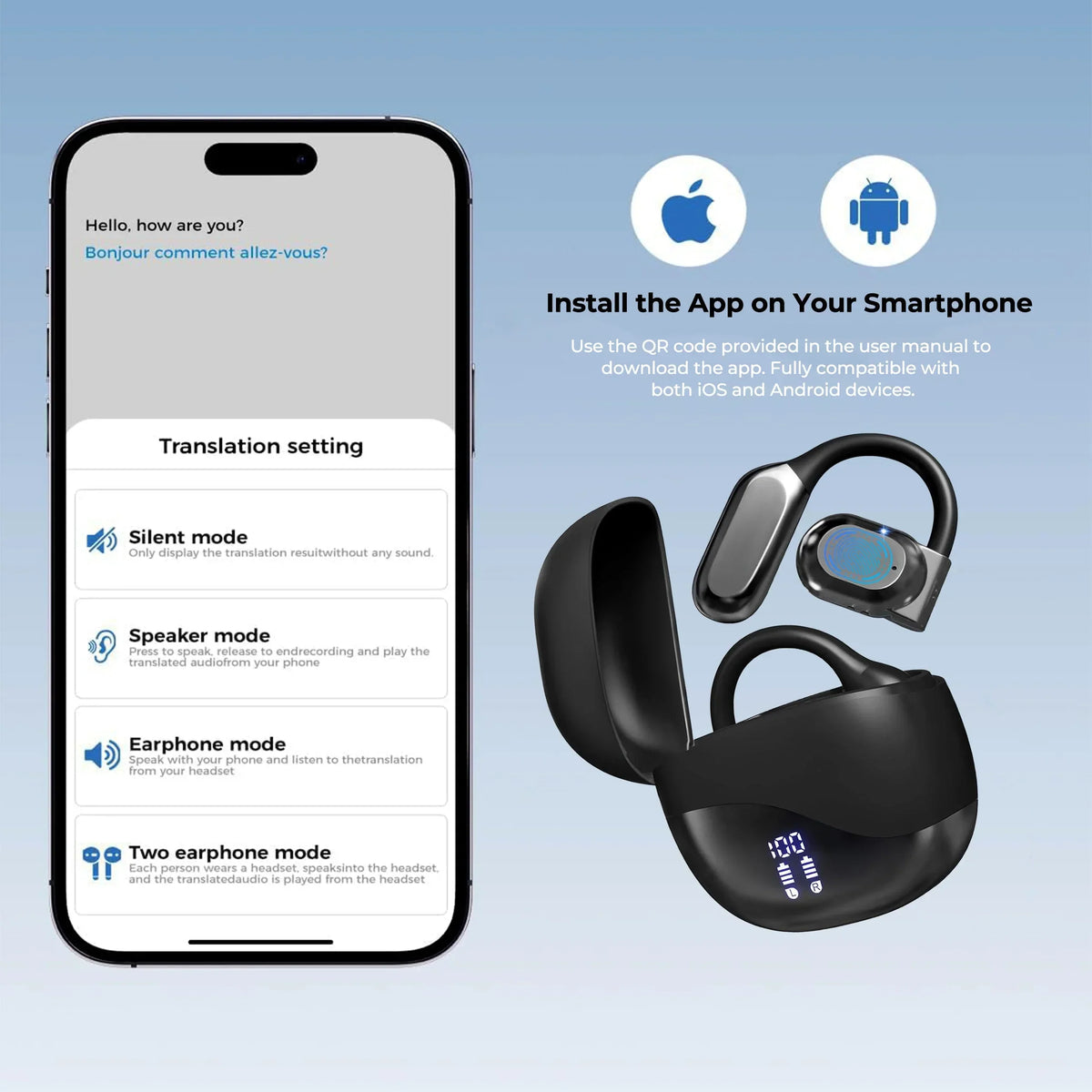 AI Translator Earbuds – 144-Language Real-Time Translation Earbuds with Bluetooth