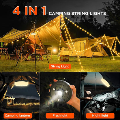 4 in 1 Camp Light – Portable Camping Lantern, String Lights with 8 Lighting Modes, Rechargeable Power Bank for Outdoor Adventures