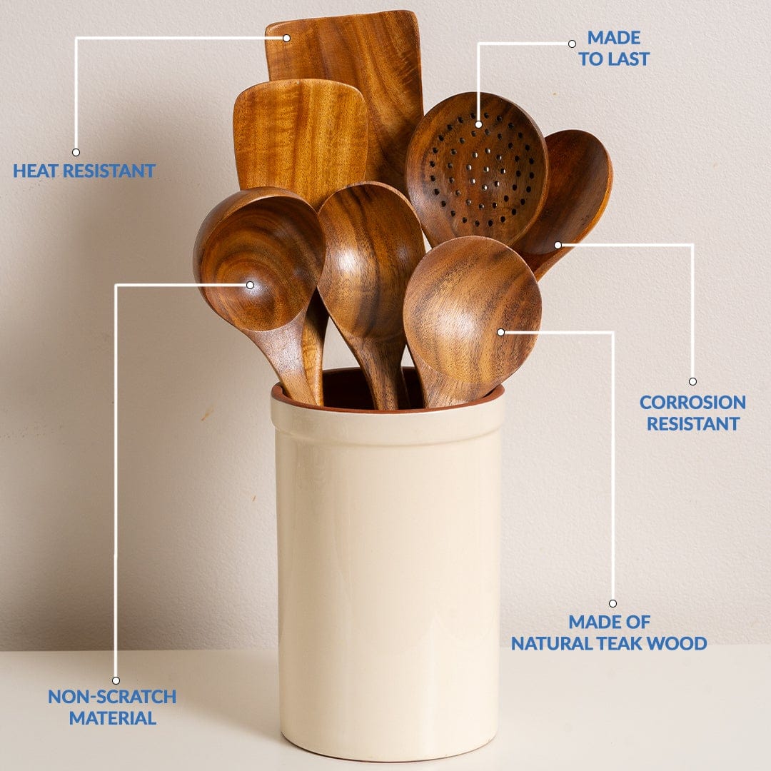 Teak Wooden Utensil Set - Sustainable Cooking Ideal like Retro Cooking Utensils
