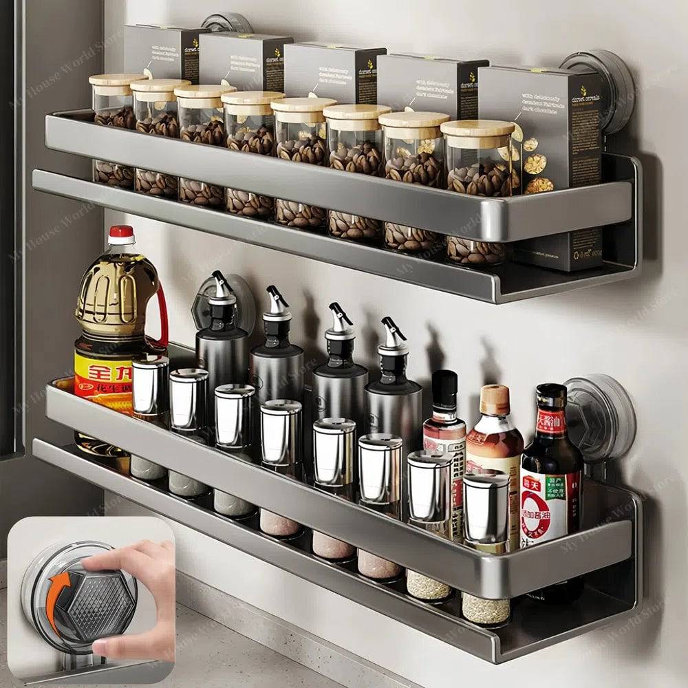 Wall-Mounted Suction Cup Spice Rack Organizer for Kitchen Storage and Easy Access to Spices