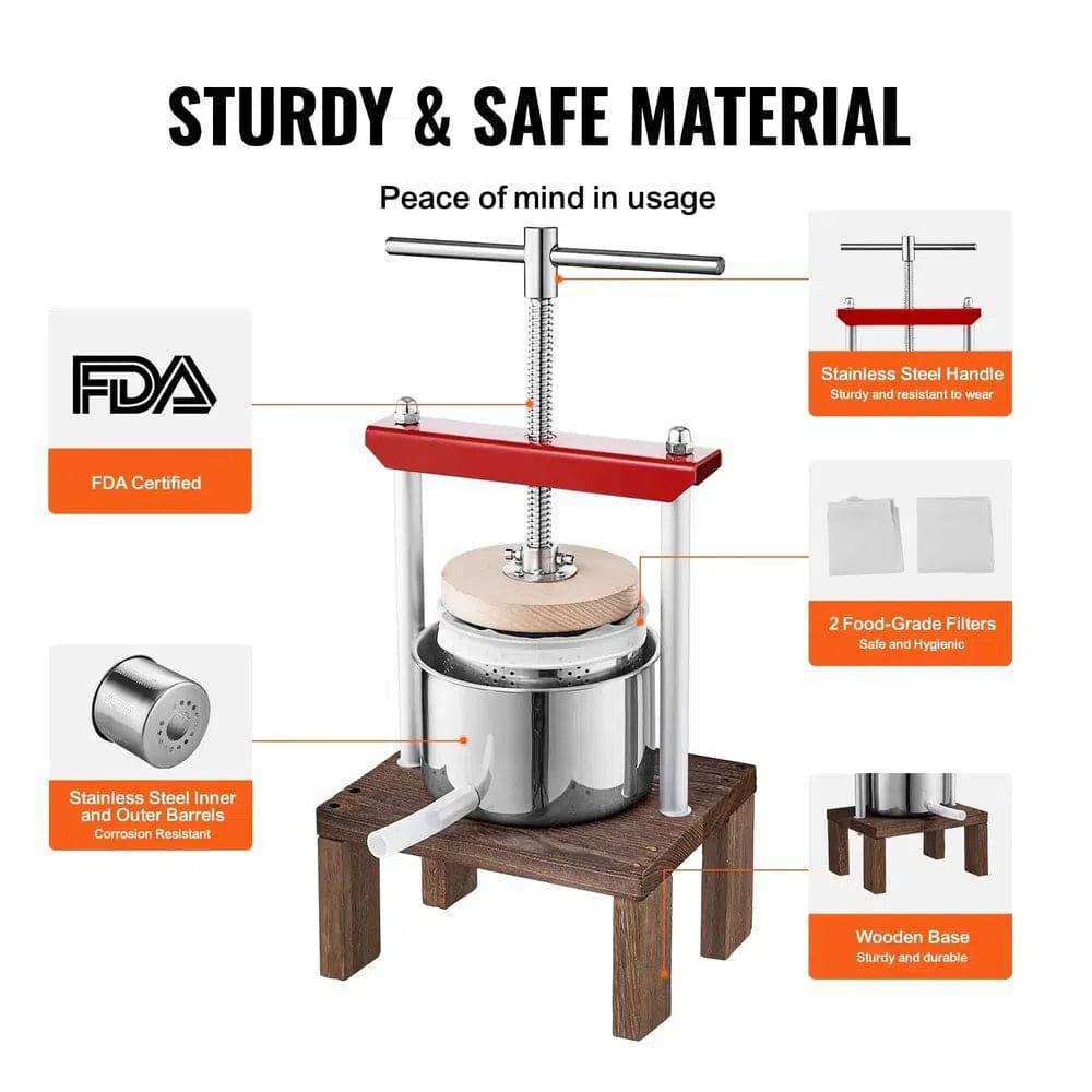 Manual Fruit & Wine Press | 2L Capacity, Sturdy Beech Wood & Stainless Steel for Efficient Juicing at Home or Winery