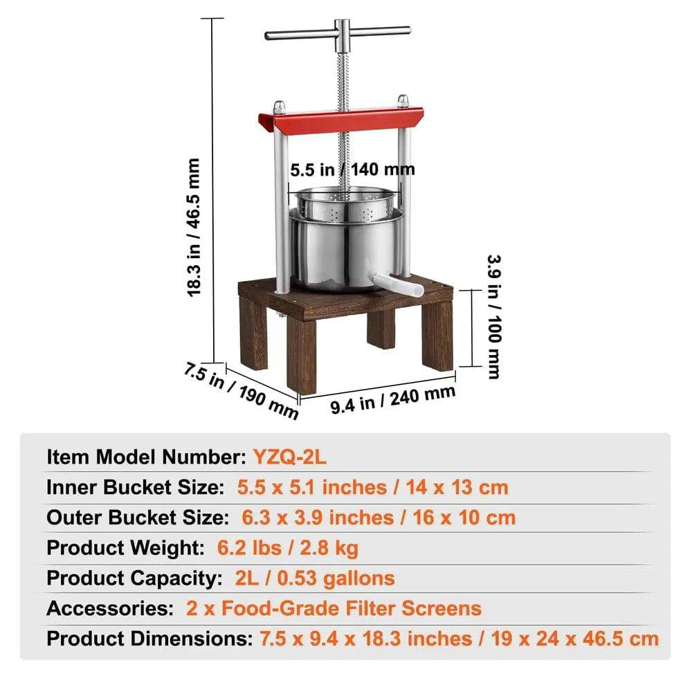 Manual Fruit & Wine Press | 2L Capacity, Sturdy Beech Wood & Stainless Steel for Efficient Juicing at Home or Winery