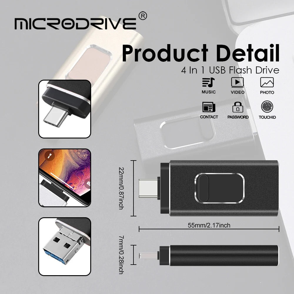 Phone Storage Memory Stick – 4-in-1 USB Flash Drive with Lightning, USB-C, Micro-USB & USB 3.0 for Fast Data Transfer & Backup on Phones & Laptops