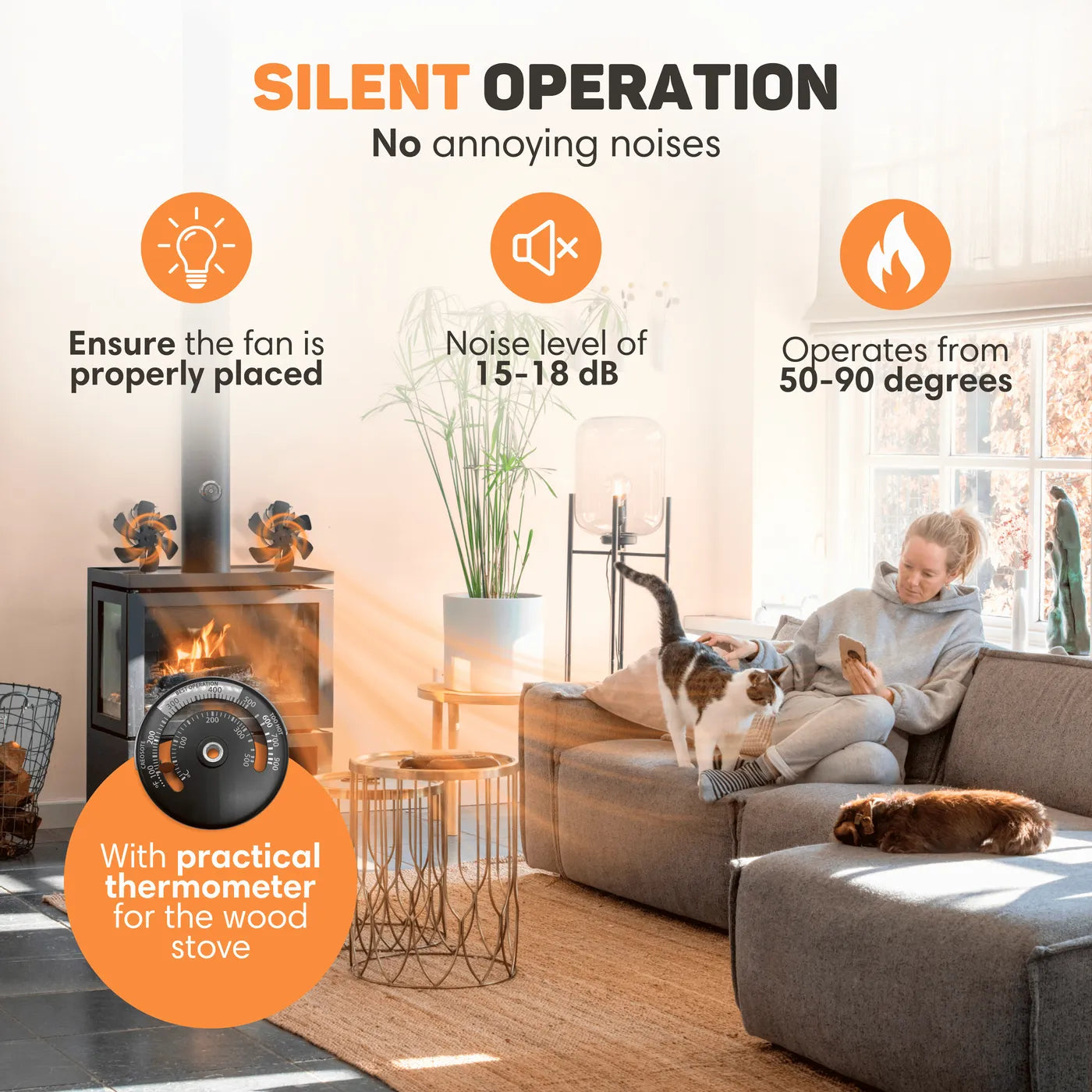 Wood Stove Fan | Includes Thermometer, Automatic Start/Stop & Ideal for Living Room Heating