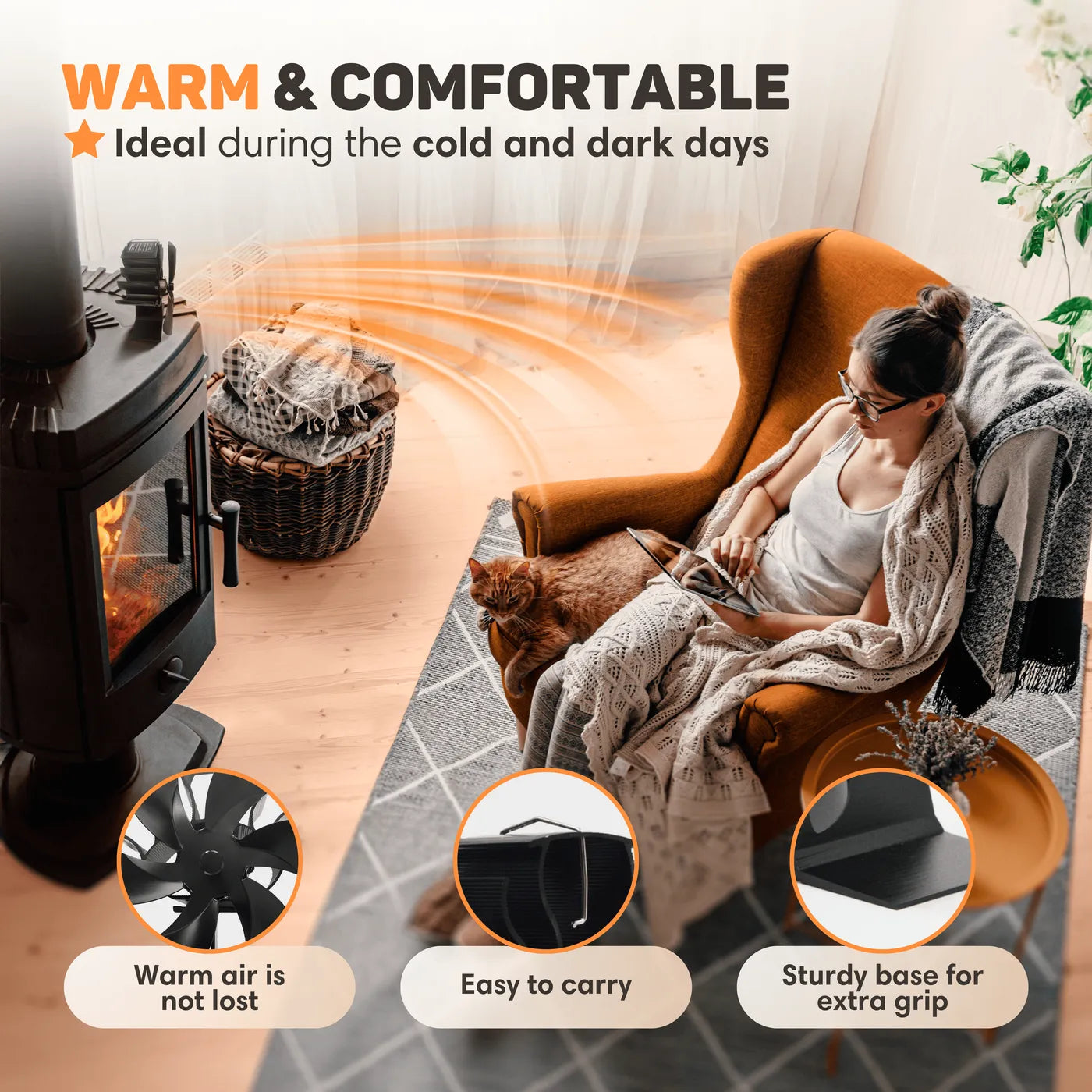Wood Stove Fan | Includes Thermometer, Automatic Start/Stop & Ideal for Living Room Heating