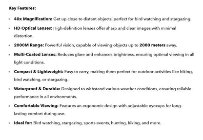 Premium 40×22 HD Binoculars | Waterproof, Compact & Ideal for Bird Watching, Hiking & Stargazing