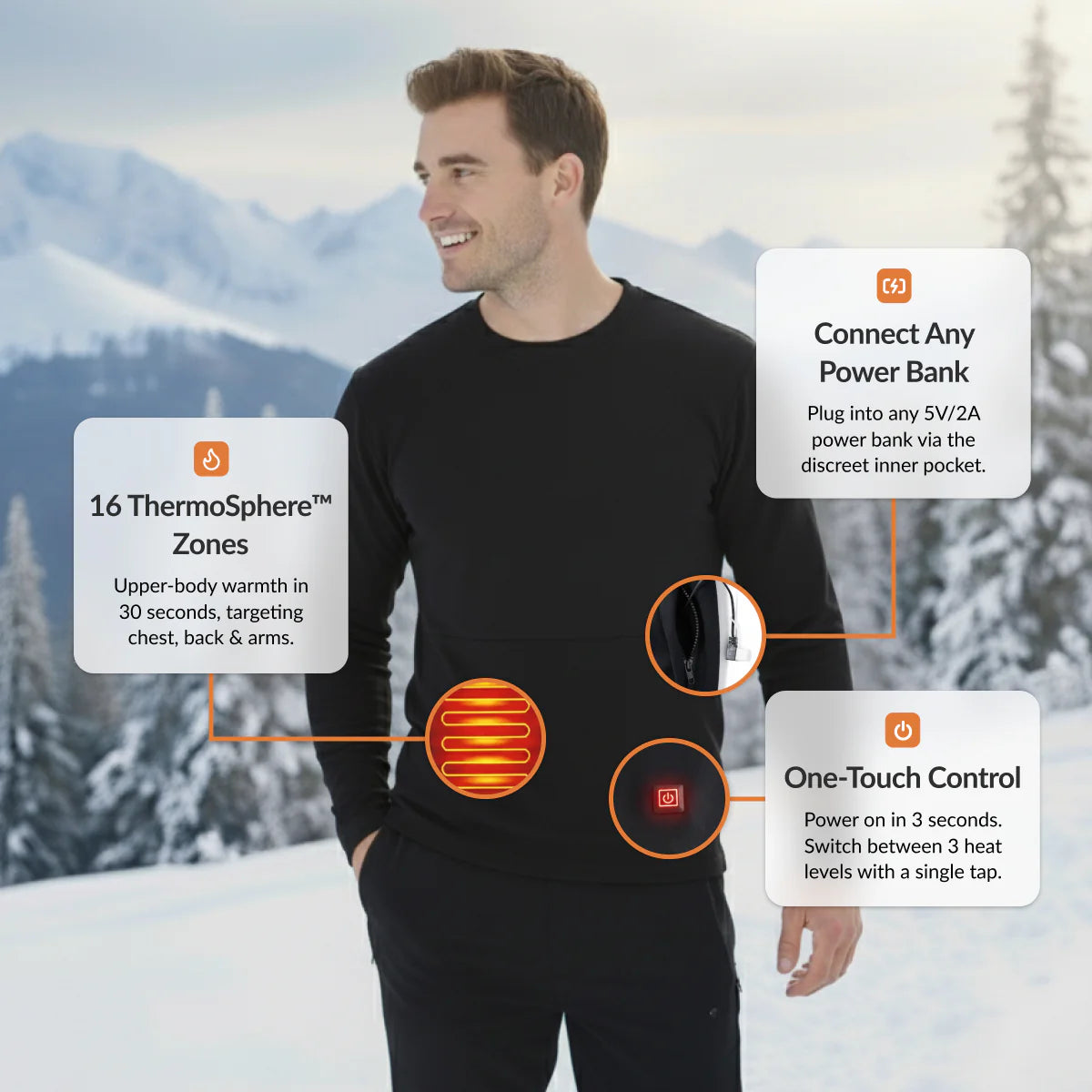 Heated Base Layer Top | Adjustable Heating, 16 Heating Elements & Ideal for Outdoor Activities in Cold Weather