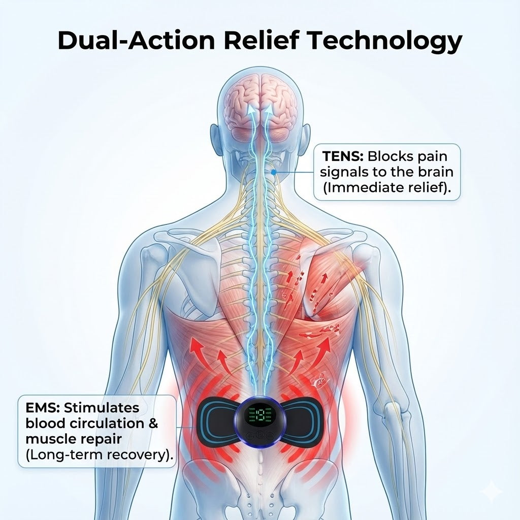 Lower Back TENS Machine & EMS Back Pain Remedy - Portable Pain Reliever for Back Spasm, Strain & Sprain - Active Support Belt Alternative - 19 Levels