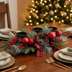 Christmas Table Centerpiece With Candle Holders, Red Berries, and Pine Cones