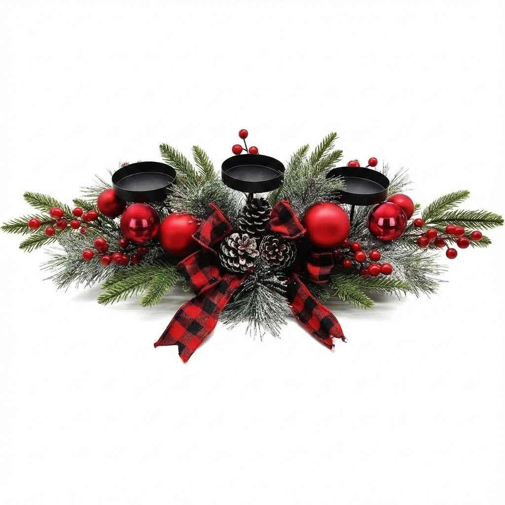 Christmas Table Centerpiece With Candle Holders, Red Berries, and Pine Cones