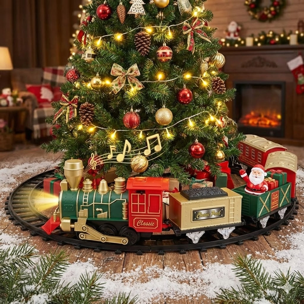 Train Around Christmas Tree - Indoor Decoration - Christmas Toy with Lights and Sounds - Holiday Train Around Christmas Tree with Large Tracks