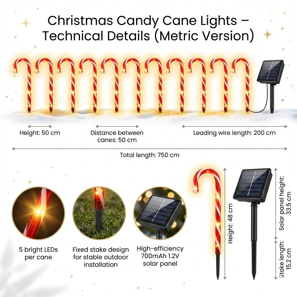 Solar Candy Cane Christmas Lights Outdoor - Christmas Outdoor Decoration, Waterproof with 8 Modes
