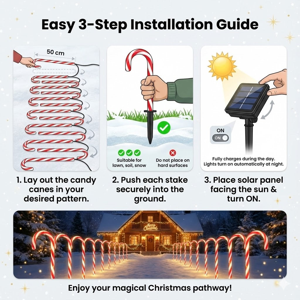 Solar Candy Cane Christmas Lights Outdoor - Christmas Outdoor Decoration, Waterproof with 8 Modes