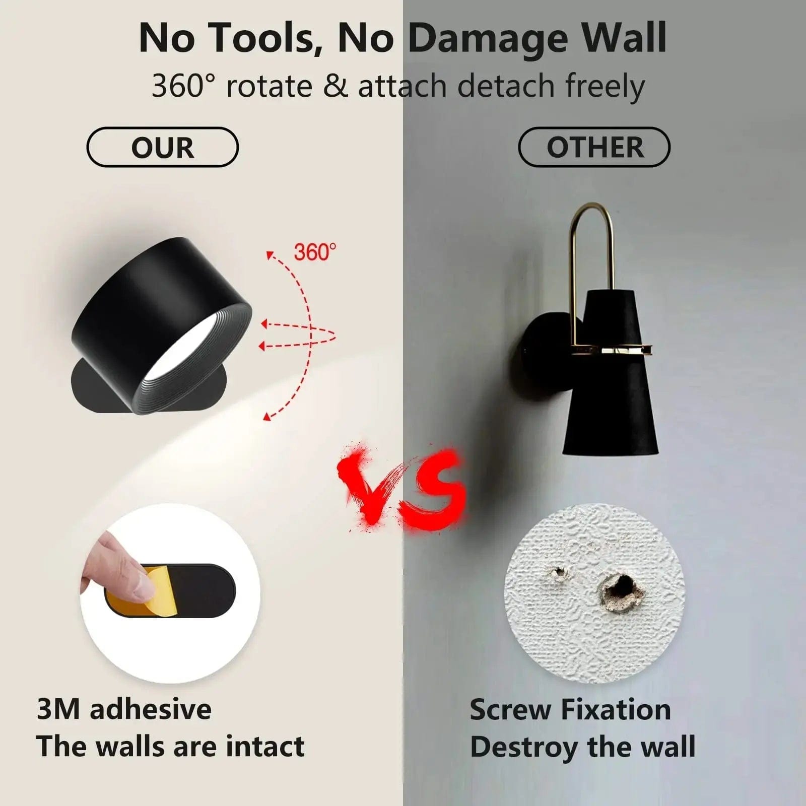 Battery Operated Wall Light | Rechargeable, 360° Adjustable & Wireless for Bedrooms, Hallways & Reading Corners