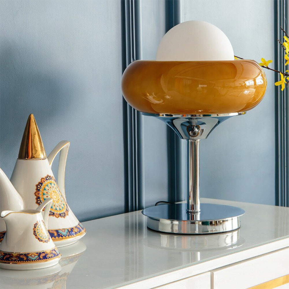 Vintage Bauhaus Glass Table Lamp with Yellow Shade - Mid-Century Modern Lighting for Living Room & Bedroom