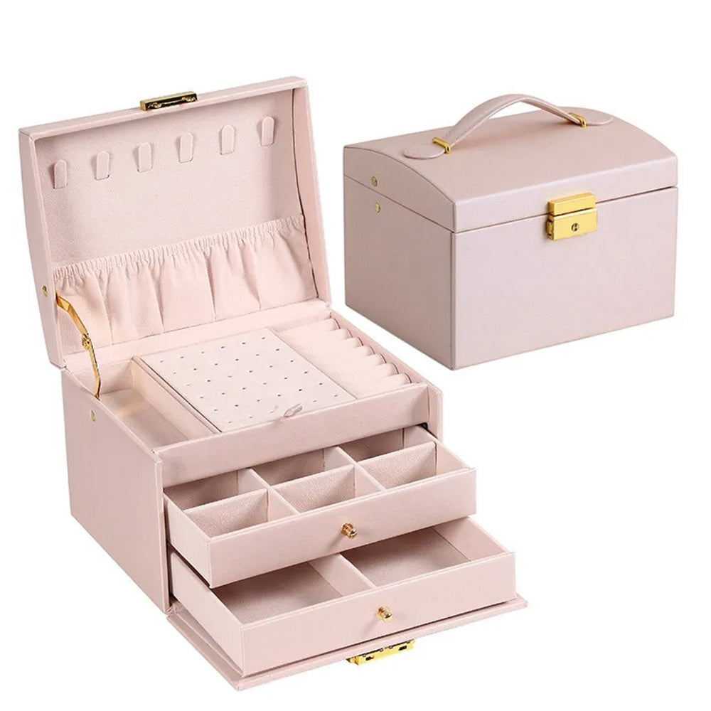 Large Jewelry Earing and Necklace Box Storage Holder Organizer for Women and Guys Case Stand with Drawers and Lock
