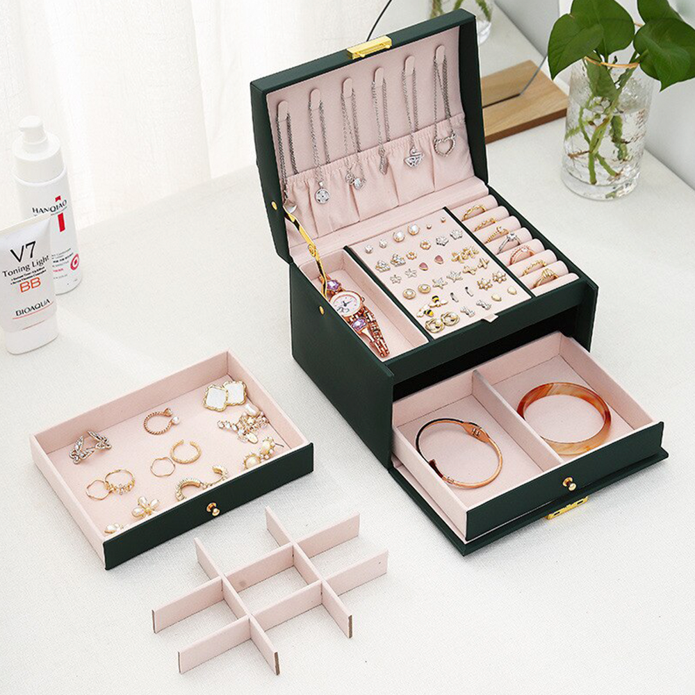 Large Jewelry Earing and Necklace Box Storage Holder Organizer for Women and Guys Case Stand with Drawers and Lock