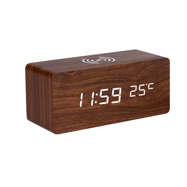 Modern Wooden Alarm Clock Digital LED Charging Pad Alarm Clock Wireless Charger Thermometer