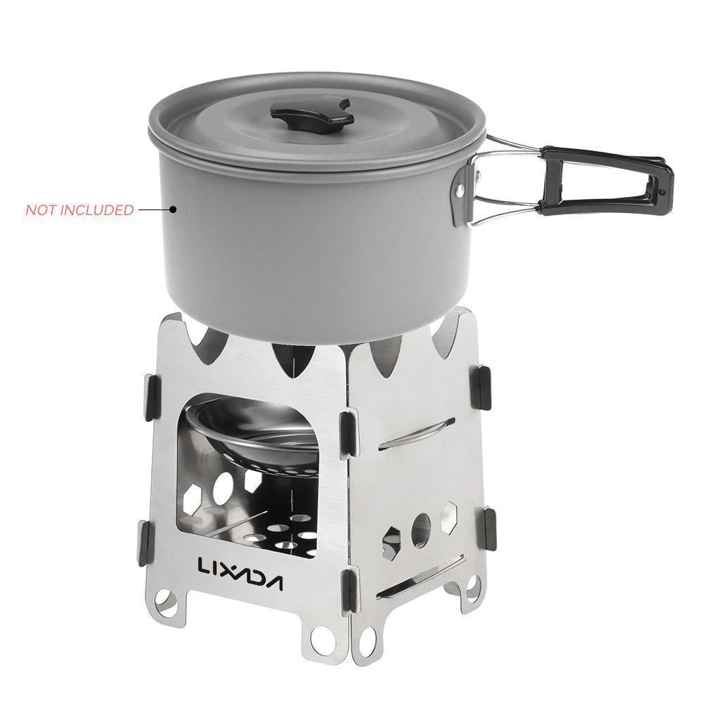Pocket Rocket Stove Folding Wood Camping with Alcohol Tray Stainless Steel